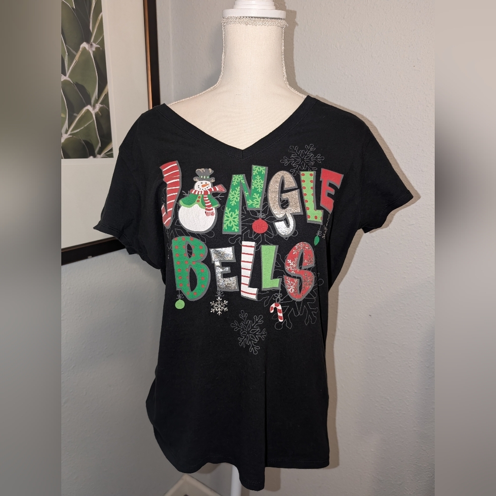 Holiday Time Jingle bells Black Cotton T-Shirt Large